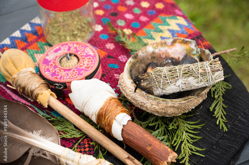 Sage and eagle feather for smudging ceremony
