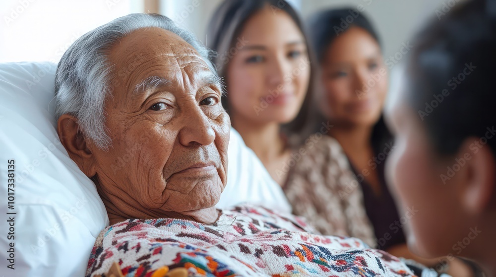 Elder in hospital bed with family members